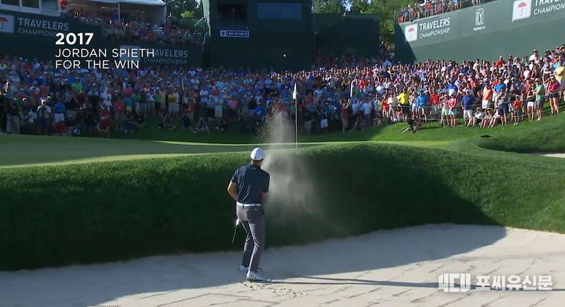 2017년 조던 스피스가 연장전 벙커 샷을 성공시키는 장면, 사진: PGA Tour 캡쳐