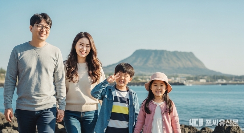 구글의 위스크 AI로 만든 제주도 여행을 즐기고 있는 한국인 가족
