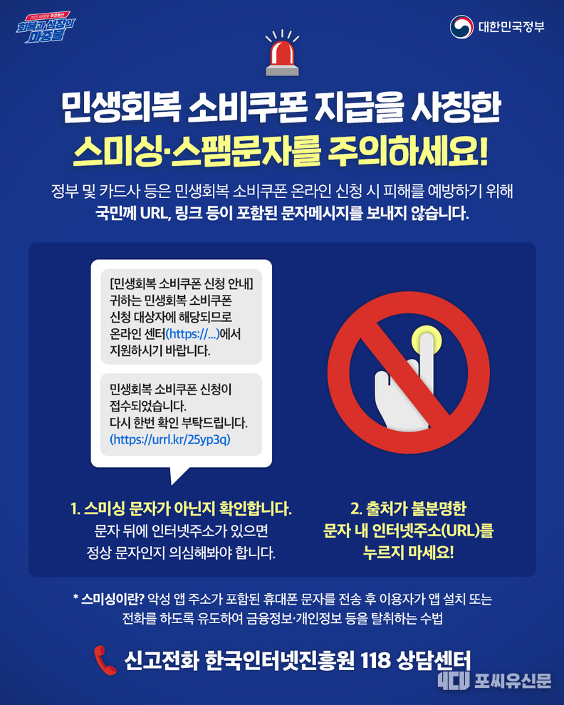 민생회복 소비쿠폰 지급을 사칭한 스미싱 스팸문자를 주의하세요. 자료제공: 행정안전부