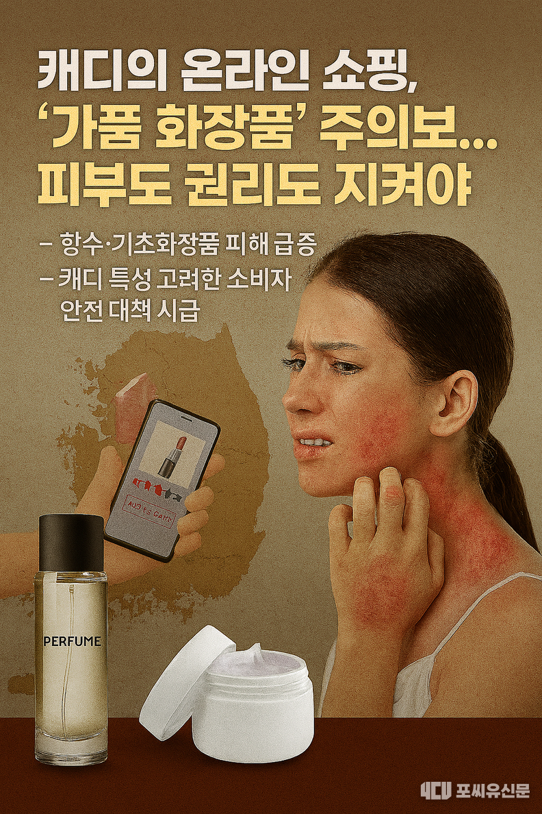 캐디의 온라인 쇼핑환경과 가품 화장품 피해 위험을 보여주는 경고성 포스터를 생성형 AI를 통해 구현하였다.