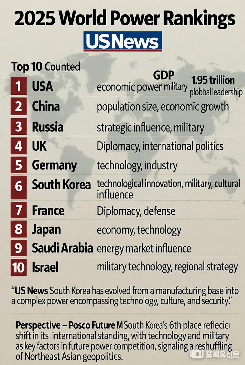 2025 세계 강대국 순위, 한국 6위 진입… 기술혁신과 군사력으로 존재감 강화